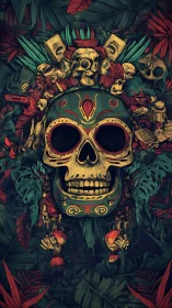 Ornate Mesoamerican skull mask dominates dense jungle foliage