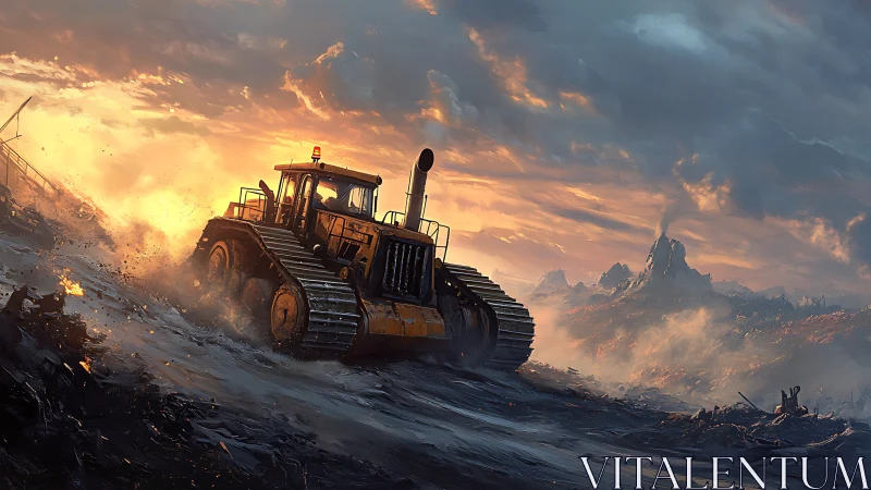 Tracked bulldozer advances through smoky wasteland at dramatic dawn