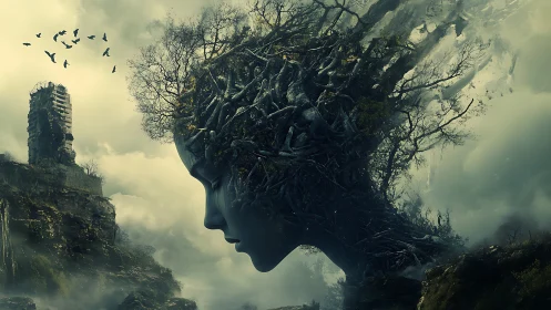 Mythic arboreal female visage fused with misty ravine landscape