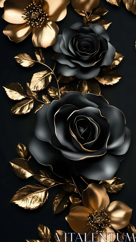 Black and gold roses with ornamental leaves on dark background