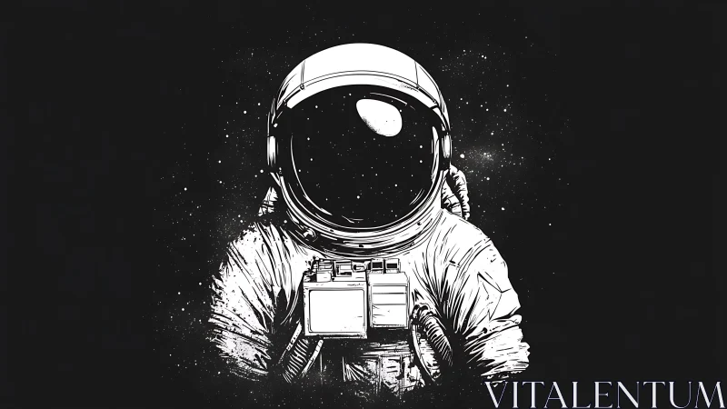 Astronaut in monochrome suit floating alone in deep space.