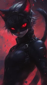 Midnight cyber cat vigilante glowing with ember-red gaze.