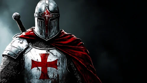 Crusader knight in steel armor with crimson cross cloak.