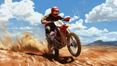 Motocross rider powers through desert trail in dynamic light.