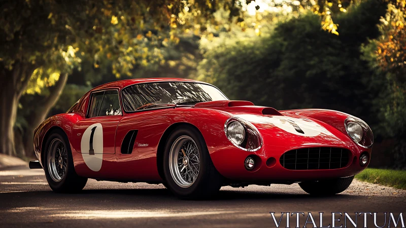 Classic red race car gleams under soft tree-filtered sunlight.