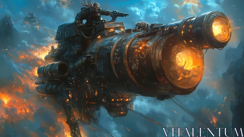 Battle-scarred gunship rips through stormlit sci fi skies