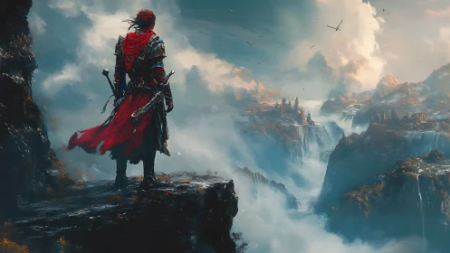 Crimson wanderer weighs destiny above the cloud carved valley