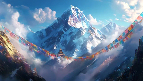 Prayer flags kissing the sky above a dreaming mountain peak.