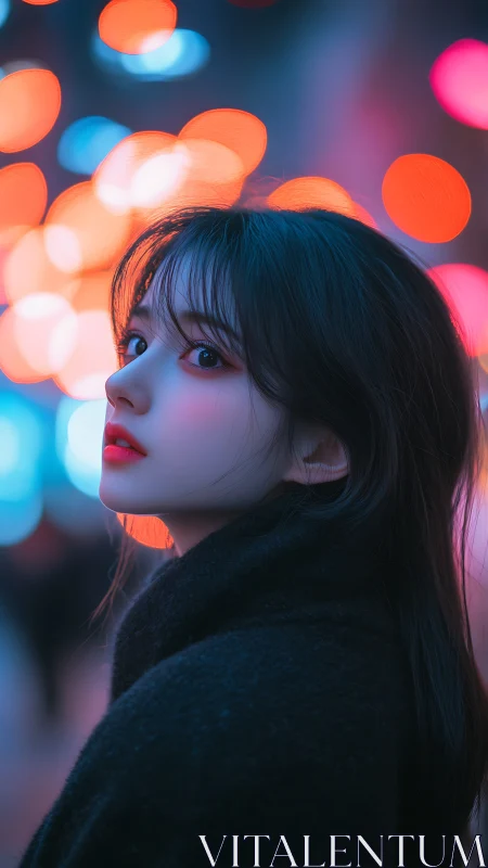 Neon dusk muse beneath blurred citylight constellations.