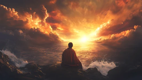 Solitary figure studies turbulent ocean horizon under radiant sky