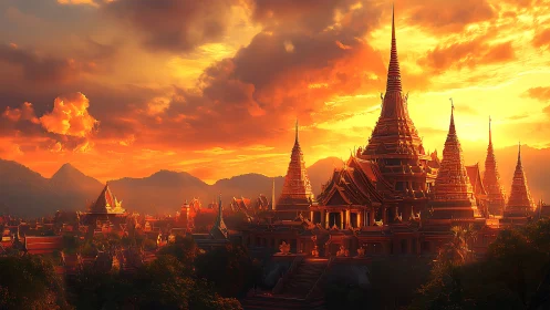 Golden temple city glows beneath a blazing sunset sky