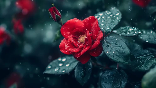 Crimson bloom captured in rainfall with teal foliage backdrop.
