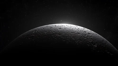 Lunar horizon with cratered surface under distant starlight.