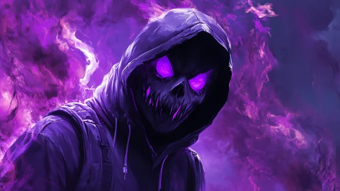 Hooded skeletal figure with glowing eyes in violet smoke.