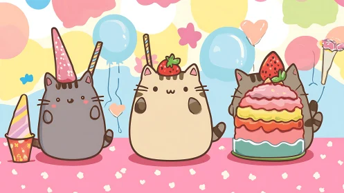 Unicorn Pusheen Characters with Layered Cake, Balloons, and Festival Decorations.