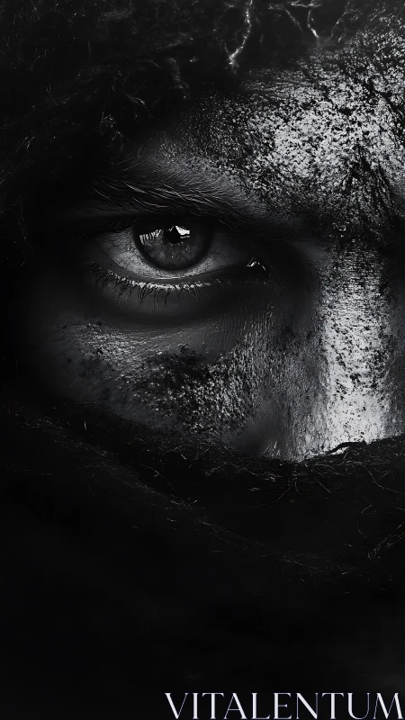 Monochrome warrior gaze in extreme close-up portrait study.