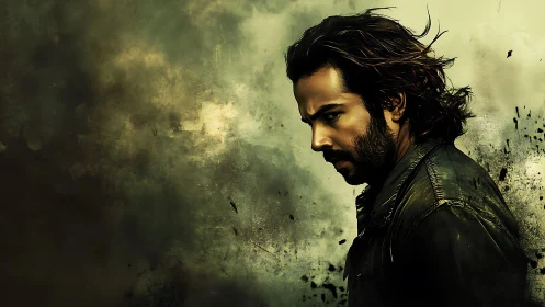 Brooding man in leather jacket against smoky abstract sky.