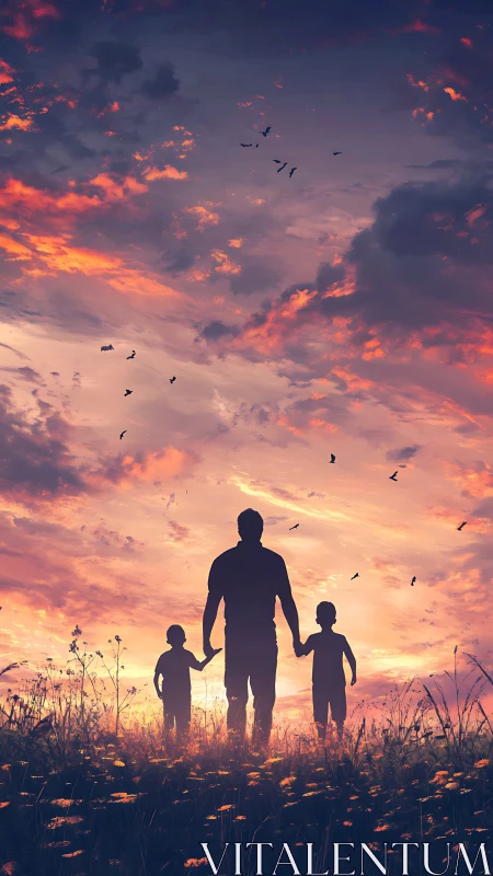 Father and children walk through wildflower field at sunset.