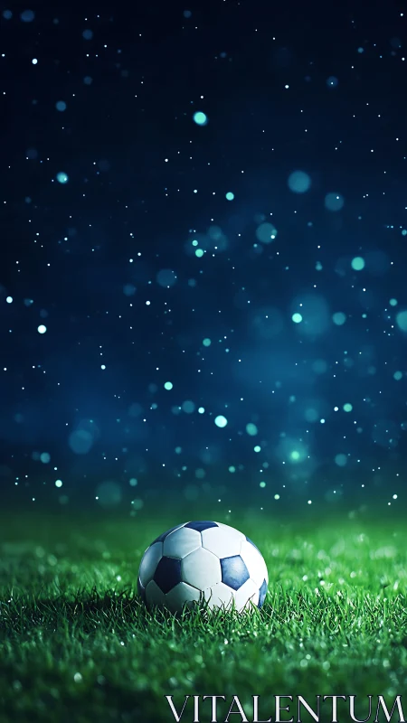 Quiet soccer night under soft lights and drifting sparkles.
