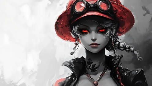 Red-eyed rebel girl dominates monochrome digital portrait.
