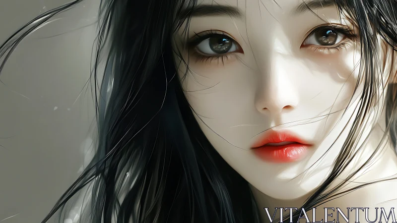 Soft storm of hair and light crowns a porcelain gaze