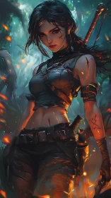 Armed female adventurer in dense forest with embers floating.