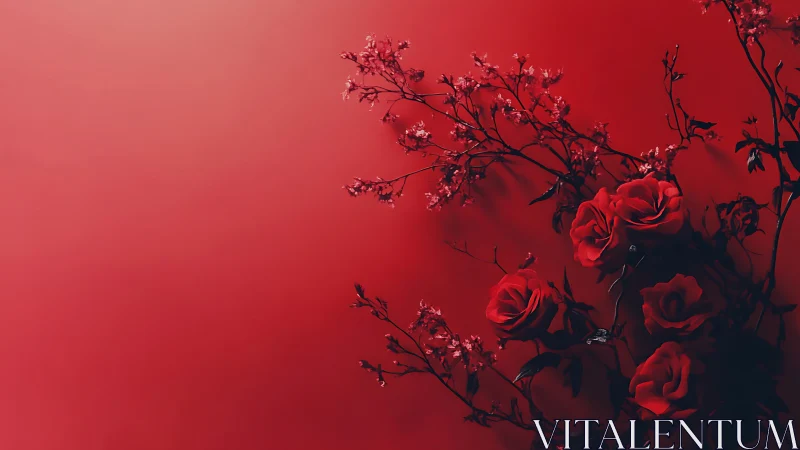 Red Roses Against Crimson Gradient. Atmospheric botanical study.