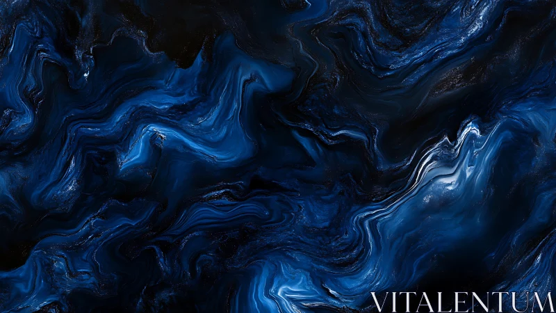 Deep blue fluid abstract with swirling marbled forms.
