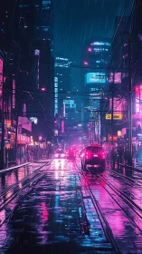 Neon rainstorm over cyberpunk avenue at nightfall.