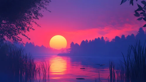 Radiant sunset sinks over tranquil neon-lit forest lake