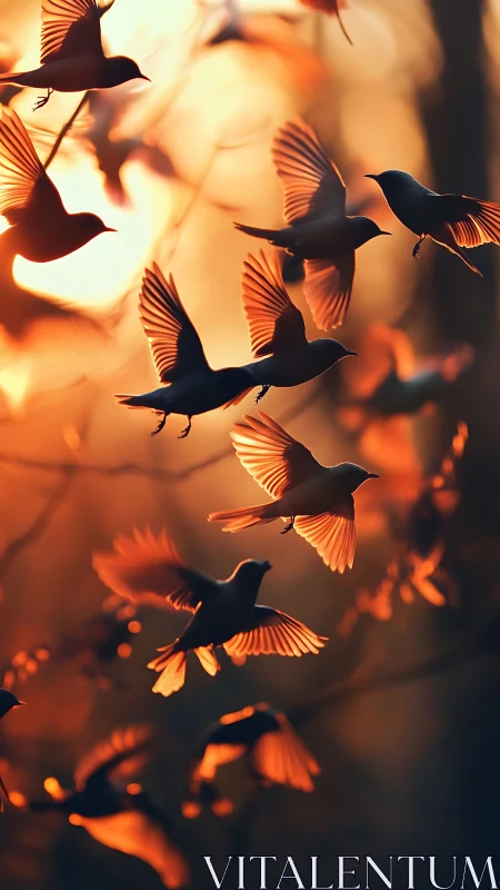 Digital painting of backlit birds in warm bokeh flight study.