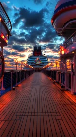 Sunset cruise deck glows warmly beneath painted evening sky