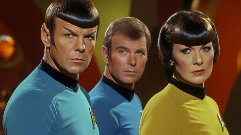 Three uniformed figures in retro science fiction setting.