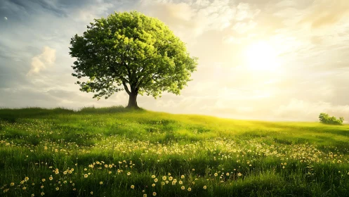 Sunlit hilltop guardian tree above a meadow of whispers.