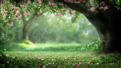 Blossom-laden tree crowns verdant meadow with pink petals.