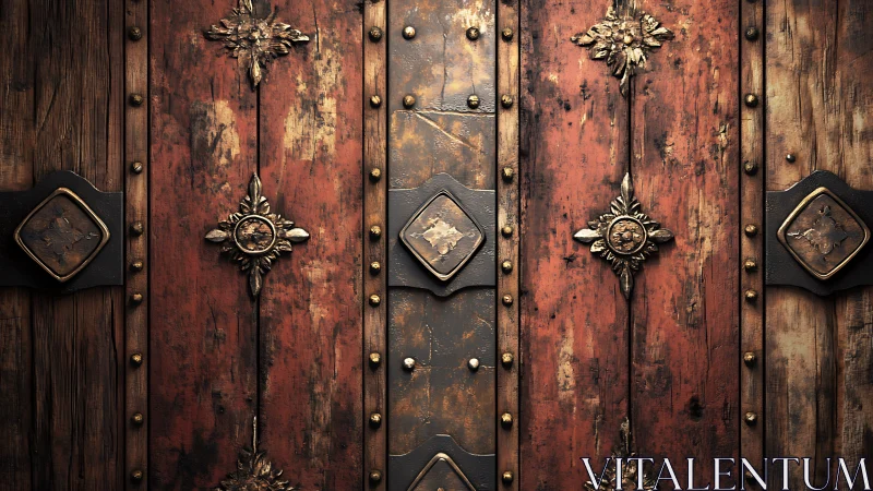 Weathered wooden doors glow with ornate antique metalwork