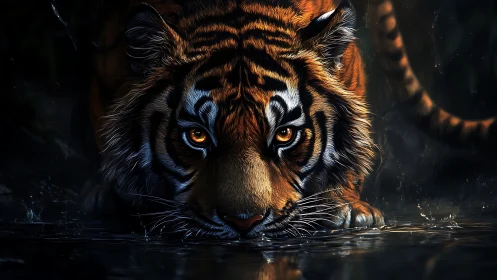 Tiger drinking at water surface under low light conditions.