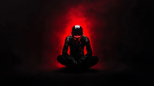 Cyberpunk sentinel in red halo with meditative symmetry.