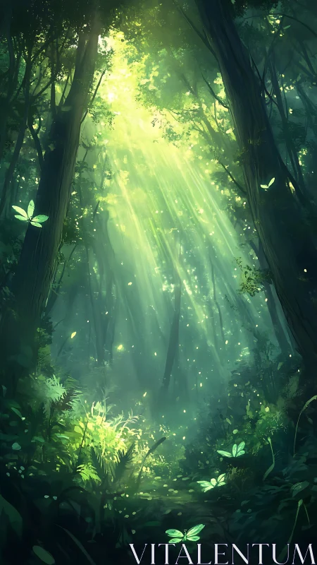 Enchanted forest with dramatic light rays piercing through dense canopy