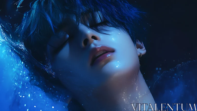 Wet blue-lit portrait of serene young person in water.