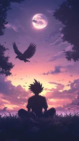 Silhouetted anime figure studies luminous moon in dusk sky