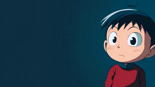 Wide eyed anime child gazes into a quiet teal distance