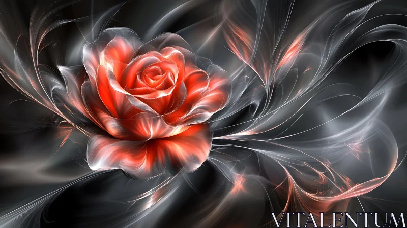 Luminous red rose blooms within swirling ethereal light.