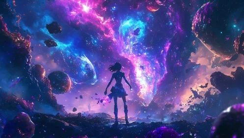 Lone space traveler confronts a glowing galactic rift.