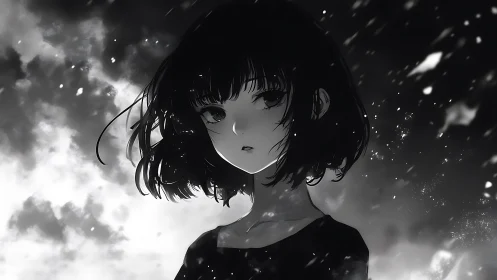 Starlit monochrome girl beneath drifting night fragments.