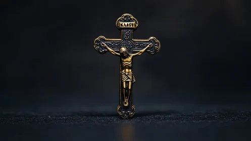 Gilded Orthodox crucifix macro on dark bokeh background