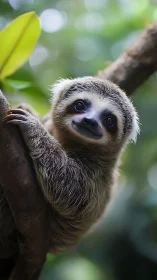 High-resolution juvenile sloth portrait on rainforest branch.