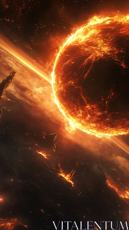 Molten solar sphere over fractured volcanic world.