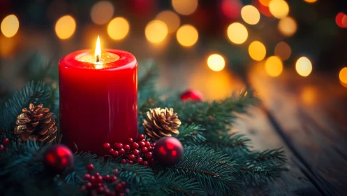 Cozy red candle glowing warmly in festive holiday greens.