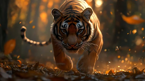 Predatory tiger advances through autumn forest in warm bokeh light